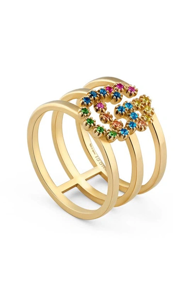 Shop Gucci Double G Multi Stone Three-row Ring In Yellow Gold