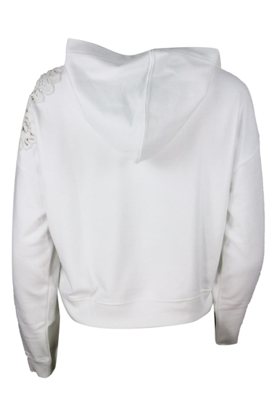 Shop Ermanno Scervino Long-sleeved Crewneck Sweatshirt With Hood With Macrame Inserts On The Shoulder In White