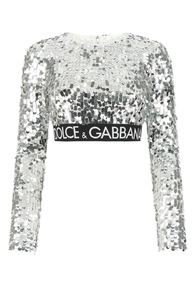 Shop Dolce & Gabbana Sequin Embellished Crewneck Top In Silver