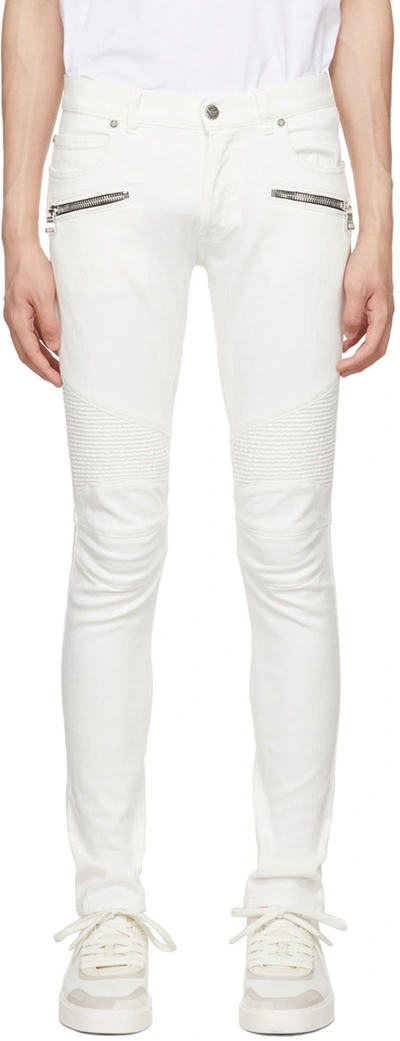 Shop Balmain Off-white Denim Slim Jeans In 0fa Blanc