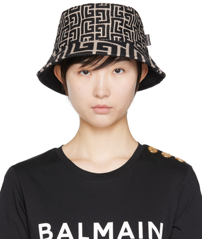 Shop Balmain Black & White Monogram Bucket Hat In Gfe Ivoire/noir
