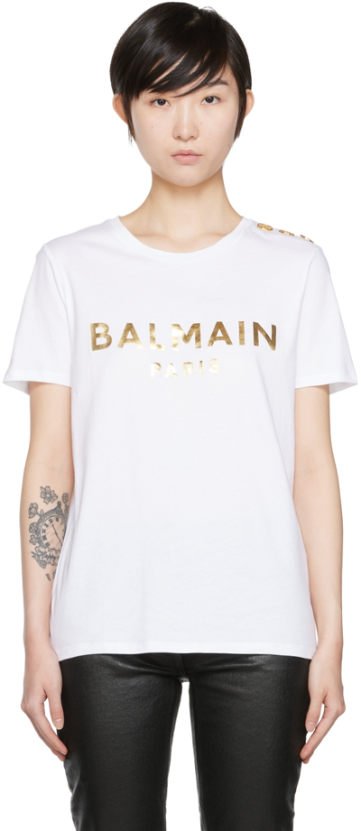 Shop Balmain White Organic Cotton T-shirt In Gad Blanc/or