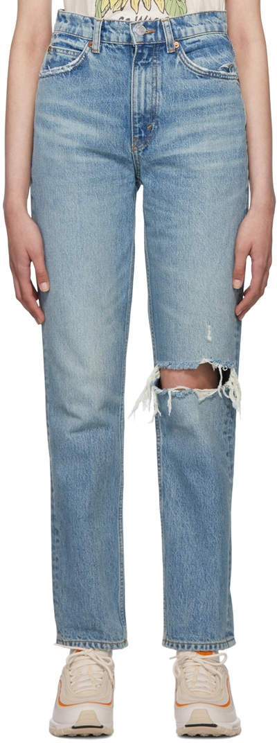 Shop Re/done Blue 70s Straight Jeans In Worn Medium Raf