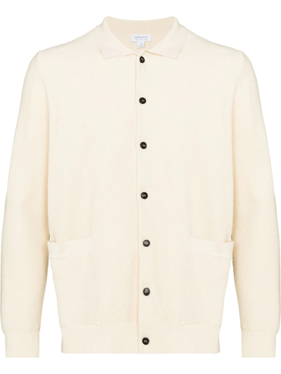 Sunspel Cutaway-collar Buttoned Cotton-knit Jacket In Neutrals
