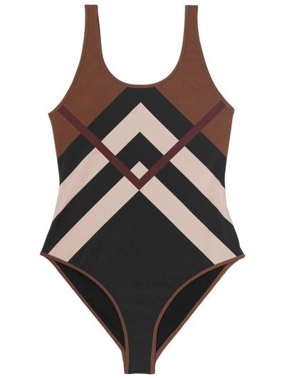 Shop Burberry Chevron Check-print Swimsuit In Brown
