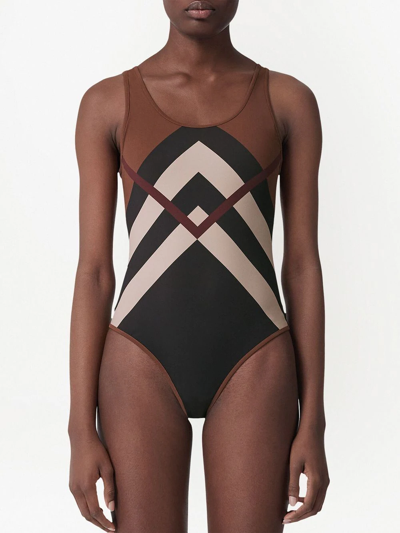 Shop Burberry Chevron Check-print Swimsuit In Brown