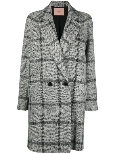 Shop Twinset Double-breasted Check-print Coat In Black