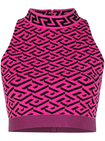 Shop Versace La Greca Knitted Crop Top In Pink