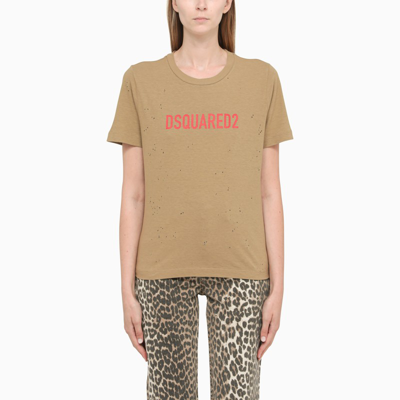 Shop Dsquared2 Camel-coloured T-shirt With Logo Print And Holes In Beige