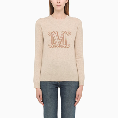Shop Max Mara Beige Cashmere Sweater With Logo Embroidery
