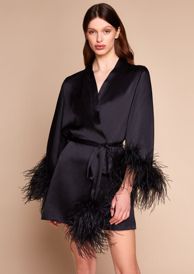 Shop Gilda & Pearl Camille Silk And Feather Short Robe In  Black