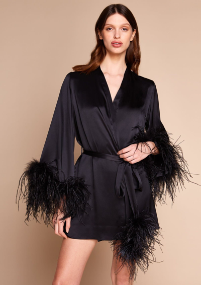 Gilda & Pearl Camille Silk And Feather Short Robe In  Black