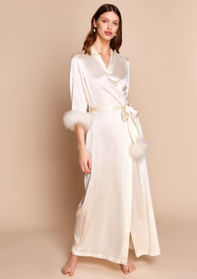 Gilda & Pearl Celeste Silk And Feather Long Robe In  Pearl