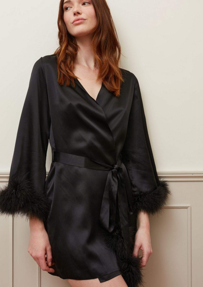 Shop Gilda & Pearl Kitty Feather Trim Silk Robe In Black