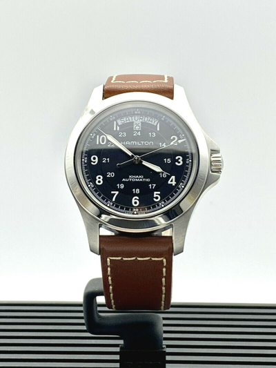 Pre-owned Hamilton Khaki King Black Dial Brown Leather Men's Watch H64455533