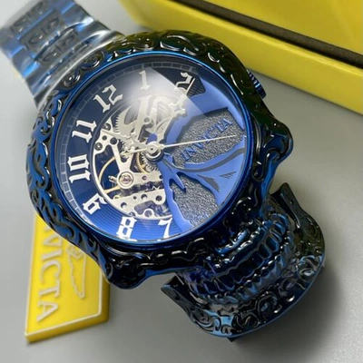 Pre-owned Invicta Artist Skull Automatic Skeletonized Blue Stainless Steel 50mm Watch