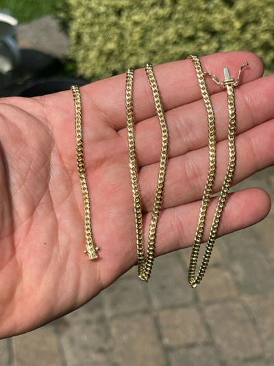 Pre-owned Harlembling 3mm Real Solid 14k Yellow Gold Miami Cuban Link Chain Micro Necklace Box Clasp