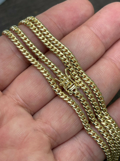 Pre-owned Harlembling 3mm Real Solid 14k Yellow Gold Miami Cuban Link Chain Micro Necklace Box Clasp