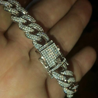 Pre-owned Silver Mens Cuban Miami Link 12mm Chain 925  40-60ct Simulated Diamonds 18-30"