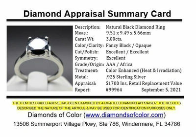 Pre-owned Black Diamond 3.00cts 9.51mm Real  Enhanced Engagement Size 7 Ring & $1700 Value. In Fancy Black