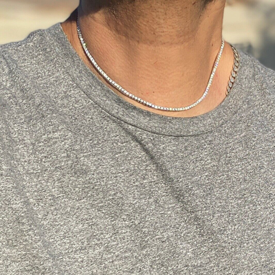 Pre-owned Bling Cartel Men's & Women's 925 Silver Tennis Chain Moissanite Necklace Pass Pen Test 2mm In White