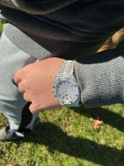 Pre-owned Italiano Silver Inc Real Moissanite Mens Watch Iced Skeleton Back 44mm Hip Hop Passes Tester Large