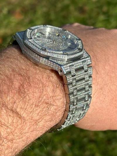 Pre-owned Italiano Silver Inc Real Moissanite Mens Watch Iced Skeleton Back 44mm Hip Hop Passes Tester Large