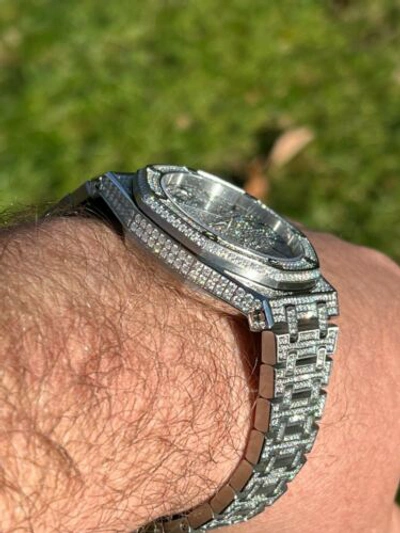 Pre-owned Italiano Silver Inc Real Moissanite Mens Watch Iced Skeleton Back 44mm Hip Hop Passes Tester Large