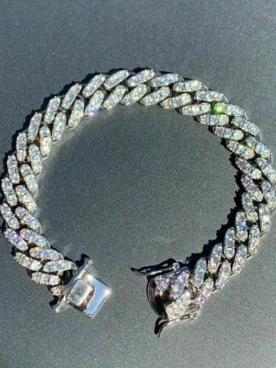Pre-owned Harlembling 925 Silver Mens Miami Cuban Bracelet Real Iced Moissanite Passes Tester Heavy In White/colorless