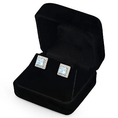Pre-owned Pucci 2.3 Princess Round Cut Halo Natural Aquamarine Stud Earrings Real 14k White Gold In D