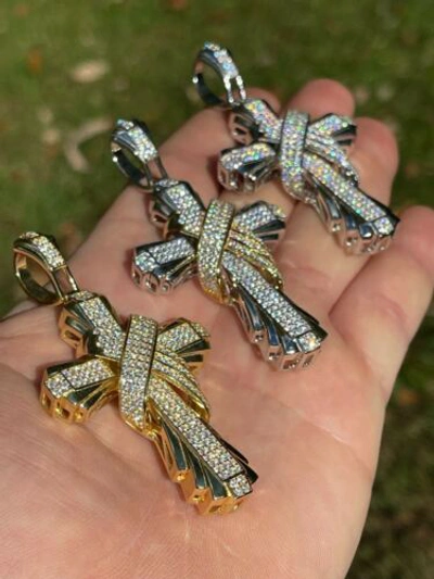 Pre-owned Silver Large Hip Hop Cross Pendant 925  / Gold Plated Moissanite Passes Test