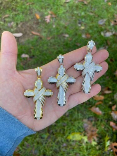 Pre-owned Silver Large Hip Hop Cross Pendant 925  / Gold Plated Moissanite Passes Test