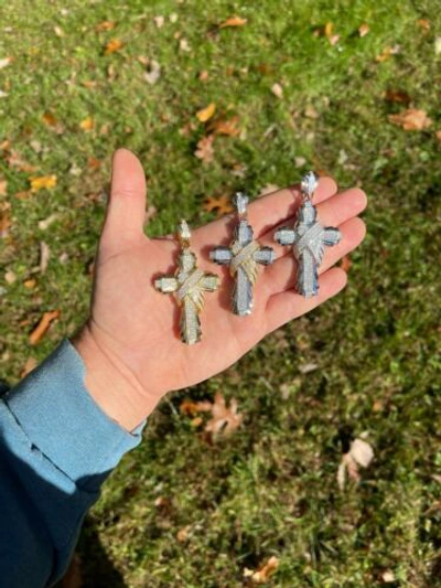 Pre-owned Silver Large Hip Hop Cross Pendant 925  / Gold Plated Moissanite Passes Test