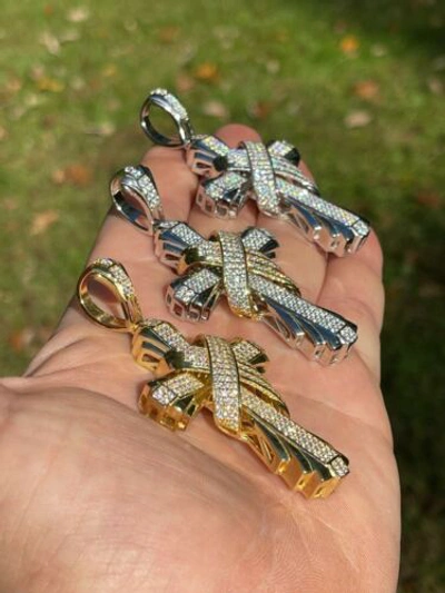 Pre-owned Silver Large Hip Hop Cross Pendant 925  / Gold Plated Moissanite Passes Test