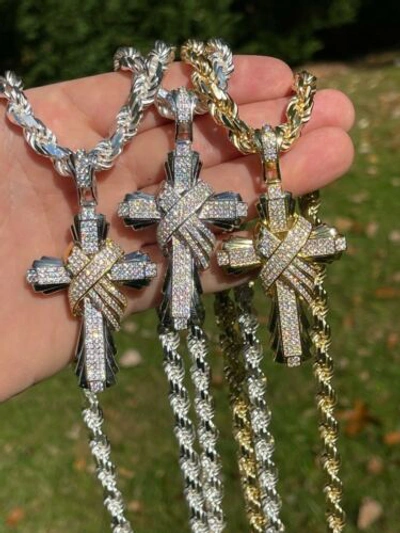 Pre-owned Silver Large Hip Hop Cross Pendant 925  / Gold Plated Moissanite Passes Test