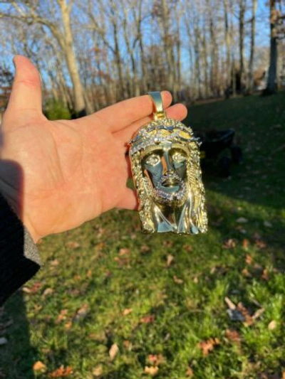 Pre-owned Silver Huge 6" 310 Gram 14k Gold Plated 925  Mens Jesus Piece Pendant Necklace Cz