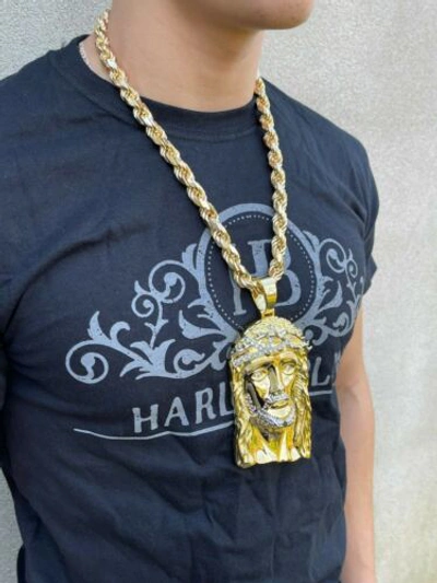 Pre-owned Silver Huge 6" 310 Gram 14k Gold Plated 925  Mens Jesus Piece Pendant Necklace Cz