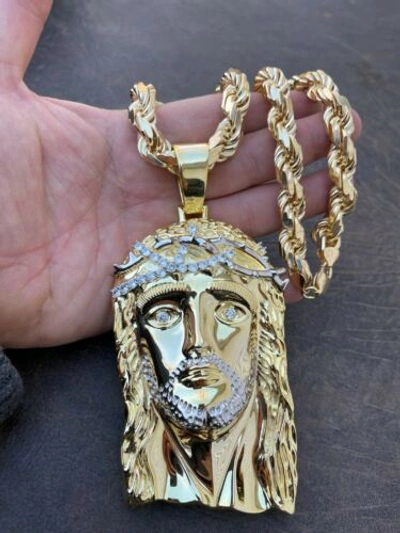 Pre-owned Silver Huge 6" 310 Gram 14k Gold Plated 925  Mens Jesus Piece Pendant Necklace Cz