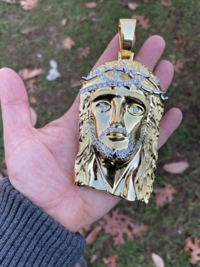 Pre-owned Silver Huge 6" 310 Gram 14k Gold Plated 925  Mens Jesus Piece Pendant Necklace Cz