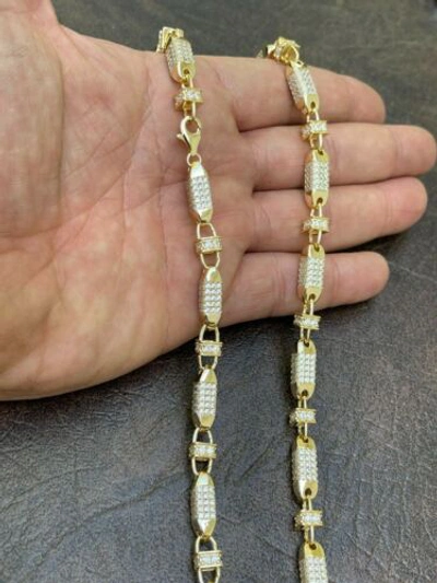 SILVER Pre-owned Men Bullet Chain 14k Gold Plated Real 925  Iced Flooded Hiphop Necklace Cz