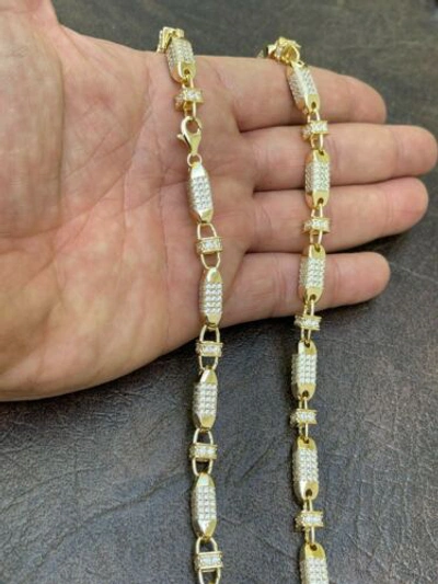 Pre-owned Silver Men Bullet Chain 14k Gold Plated Real 925  Iced Flooded Hiphop Necklace Cz