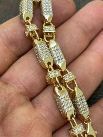 Pre-owned Silver Men Bullet Chain 14k Gold Plated Real 925  Iced Flooded Hiphop Necklace Cz