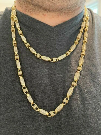 Pre-owned Silver Men Bullet Chain 14k Gold Plated Real 925  Iced Flooded Hiphop Necklace Cz