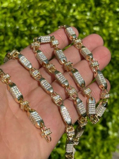 Pre-owned Silver Men Bullet Chain 14k Gold Plated Real 925  Iced Flooded Hiphop Necklace Cz