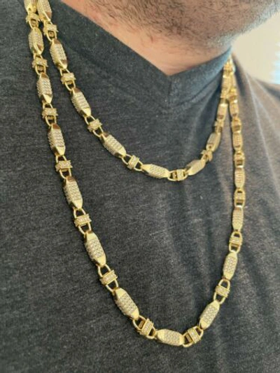 Pre-owned Silver Men Bullet Chain 14k Gold Plated Real 925  Iced Flooded Hiphop Necklace Cz