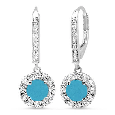 Pre-owned Pucci 3.55ct Round Halo Blue Simulated Turquoise Drop Dangle Earrings 14k White Gold