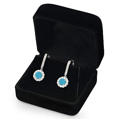 Pre-owned Pucci 3.55ct Round Halo Blue Simulated Turquoise Drop Dangle Earrings 14k White Gold