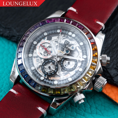 Pre-owned Pagani 40mm Automatic Mechanical Watch Silver Chrome Rainbow Red Oil Waxed Leather Band