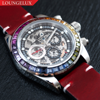 Pre-owned Pagani 40mm Automatic Mechanical Watch Silver Chrome Rainbow Red Oil Waxed Leather Band