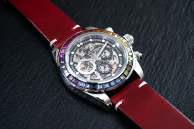 Pre-owned Pagani 40mm Automatic Mechanical Watch Silver Chrome Rainbow Red Oil Waxed Leather Band